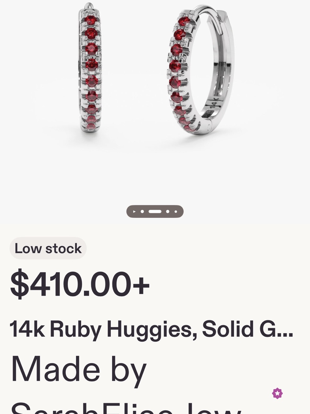 14k White Gold Ruby Huggie Hoop Earrings - Red